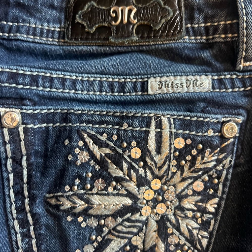 Miss Me Straight Leg Blue Jeans with Sparkling Back Design